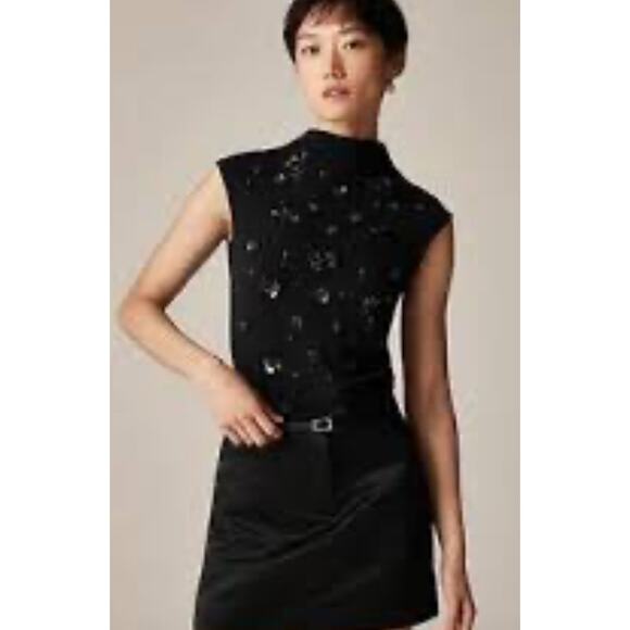 J.Crew Cotton Stretch Mock Neck Top with Sequins Floral Embellishment Sz M #360 - Picture 1 of 3